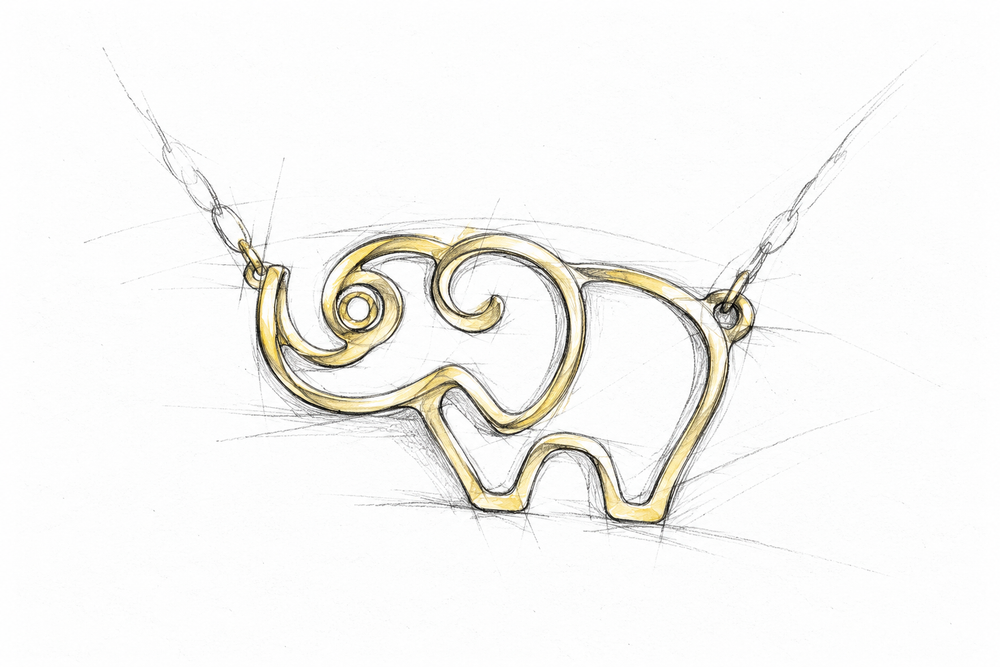 Design concept for the open elephant necklace in graphite and a muted gold wash