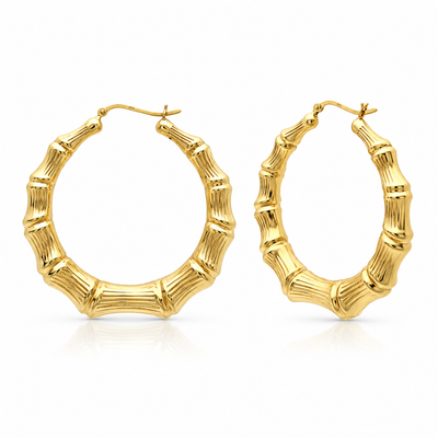 18K Yellow Gold Over Sterling Silver Bamboo Hoop Earrings