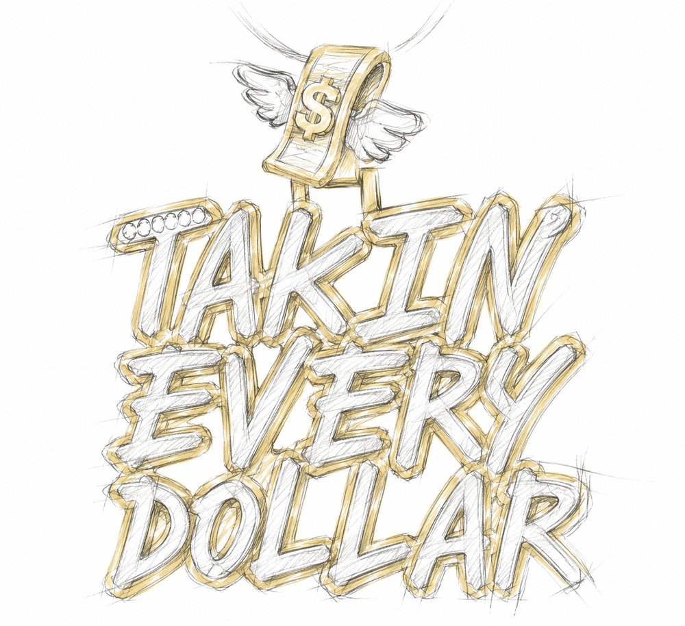Design concept for the TAKIN EVERY DOLLAR pendant in graphite and a muted gold wash