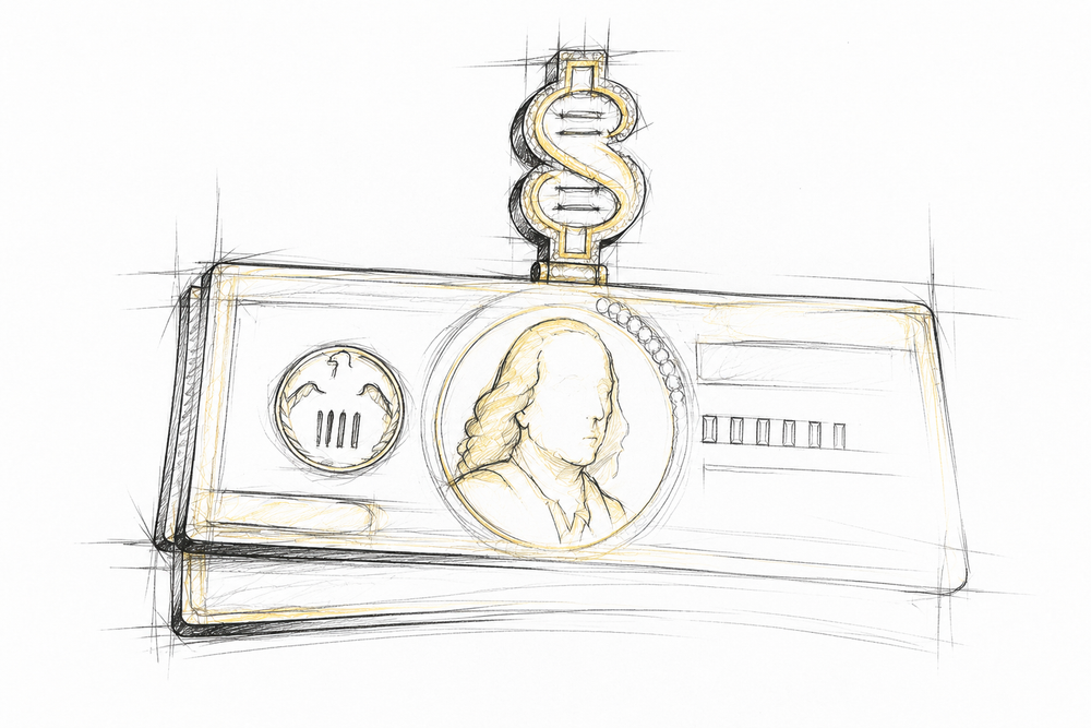 Design concept for the hundred-dollar bills pendant, with layered rectangular forms, a central portrait and dollar-sign bail.