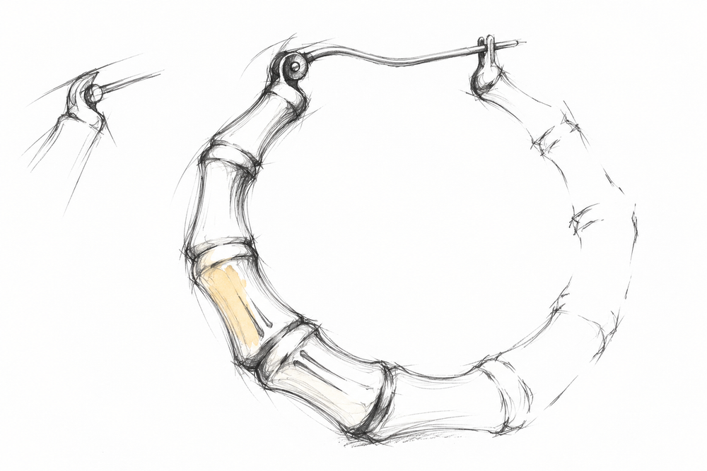 Design concept for the bamboo hoop earring and snap closure in expressive graphite with a pale gold wash