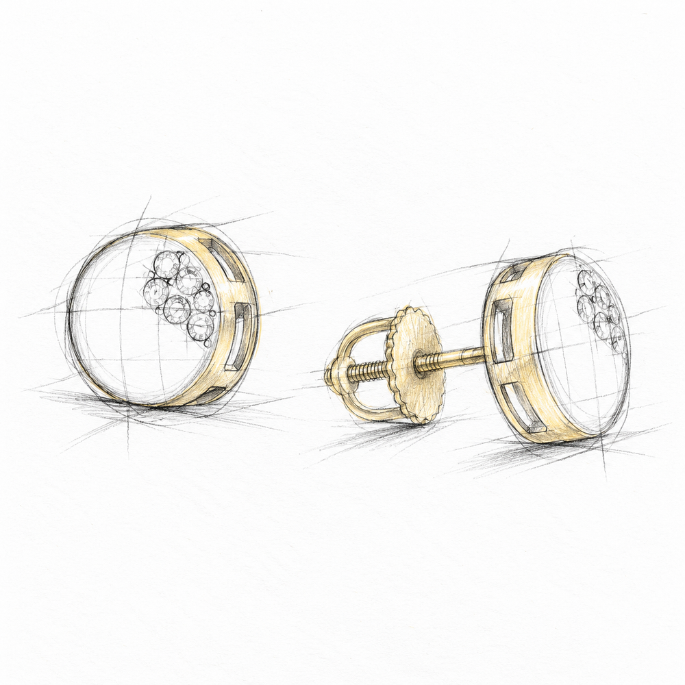 Design concept for round diamond cluster studs with open gallery sides and screw backs