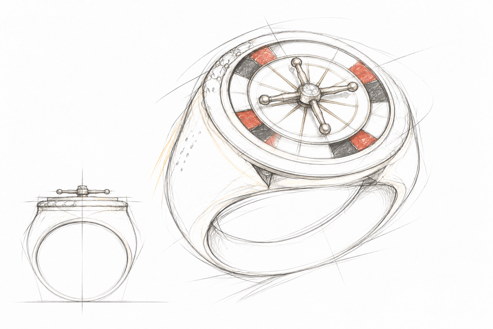 Design concept for a roulette signet ring, with loose graphite studies of the rotating face and band.