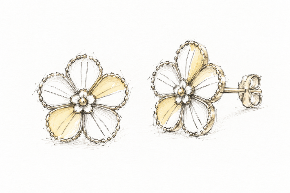 Real 14K Gold Radiating Flower Stud Earrings 11mm design concept in light graphite