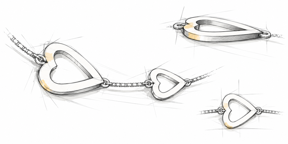 Design concept illustration of sideways open-heart anklet stations with fine chain connections and profile studies.