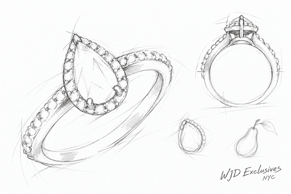 Design concept of a pear-shaped CZ halo ring in white gold, with smaller shape studies.