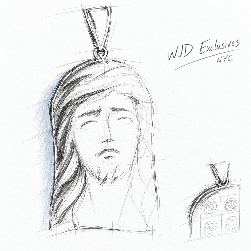 Design concept for the 10K white gold Jesus-head pendant, showing the arched relief and tapered bail.