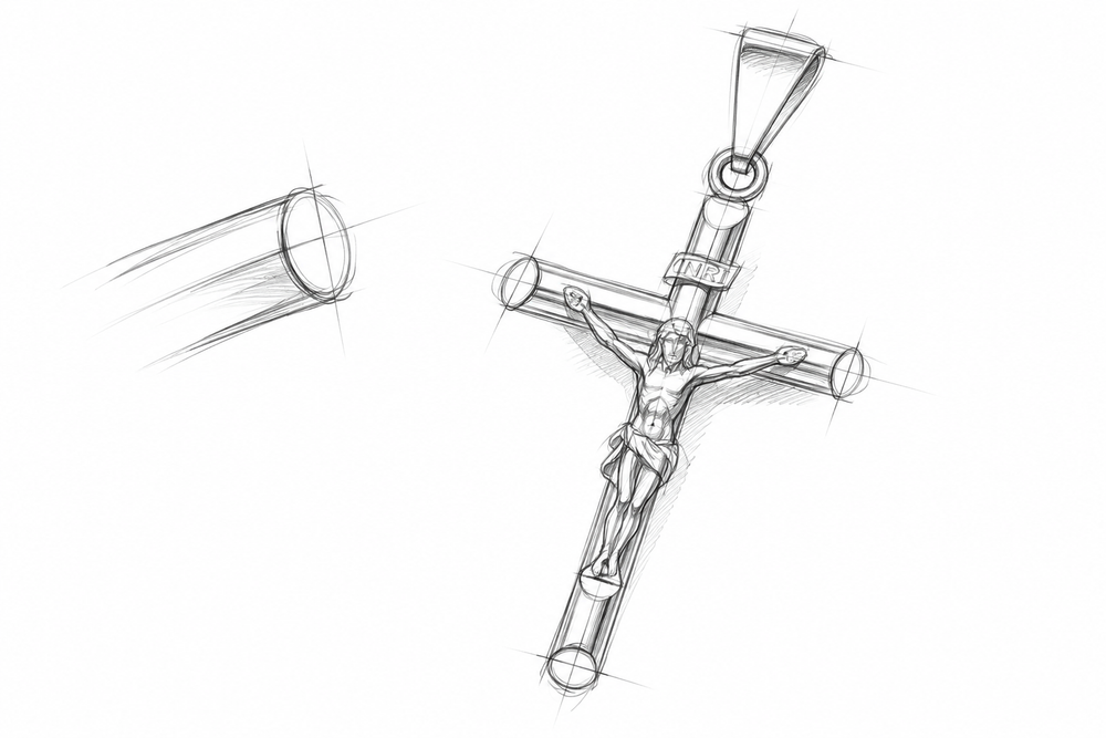 Design concept for a white-gold crucifix, studying the rounded crossbars, figure and bail in graphite.