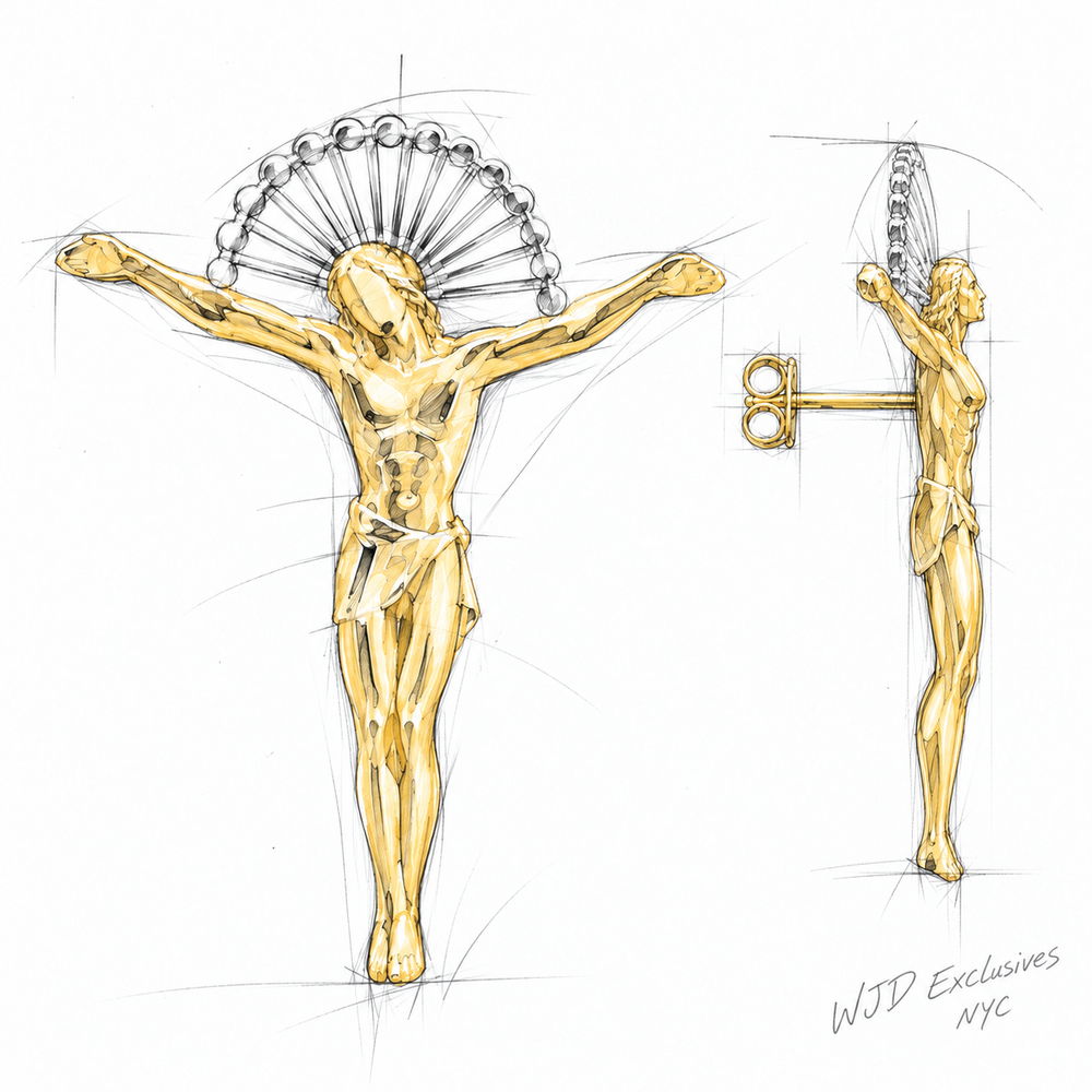 Design concept for two-tone 10K gold crucifix-and-halo studs, with the post attached at the rear.