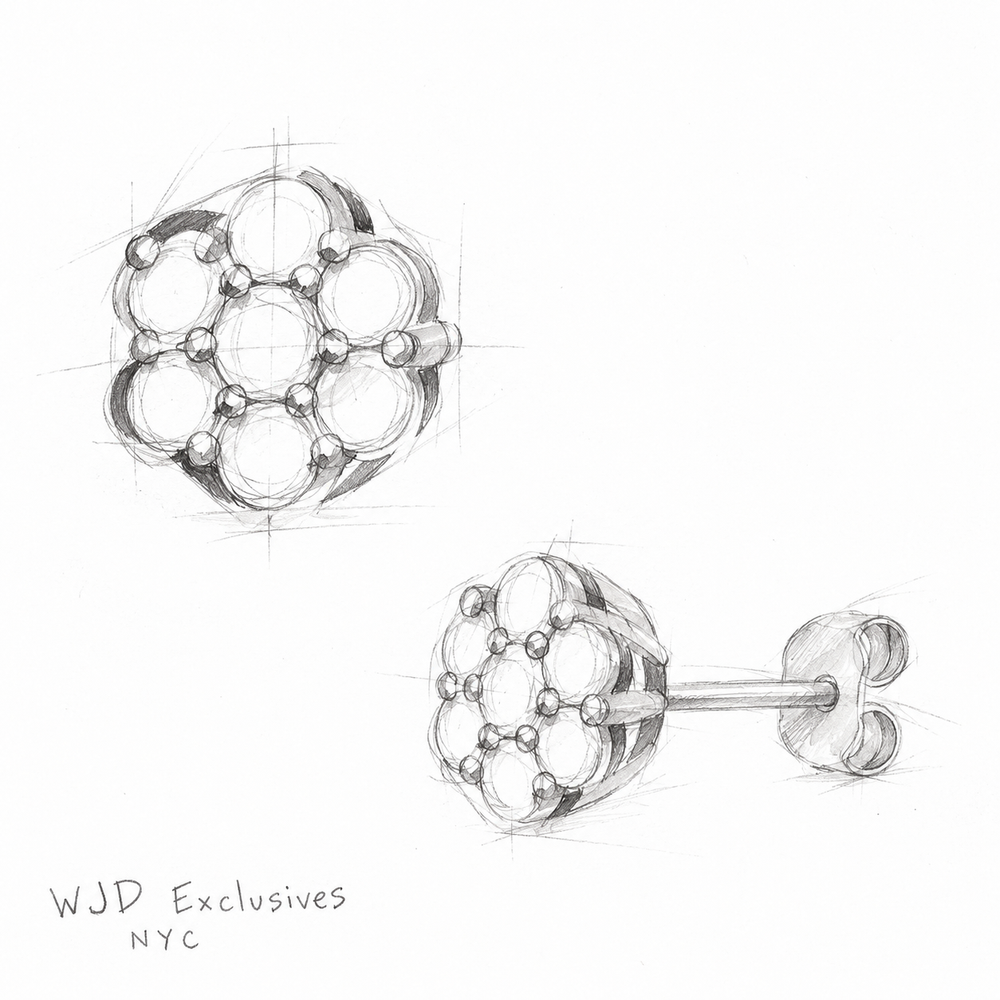 Design concept for seven-stone white gold moissanite cluster studs.