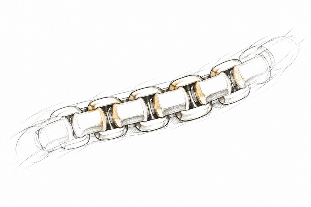 Design concept showing the interlocking rounded box links of a gold chain.