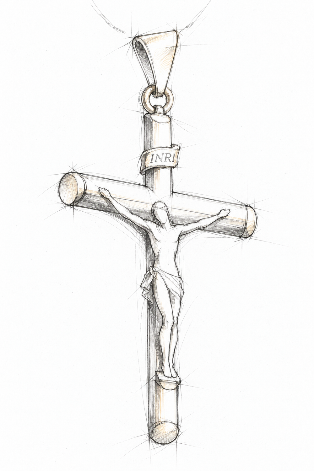Design concept for the rounded gold crucifix pendant in graphite