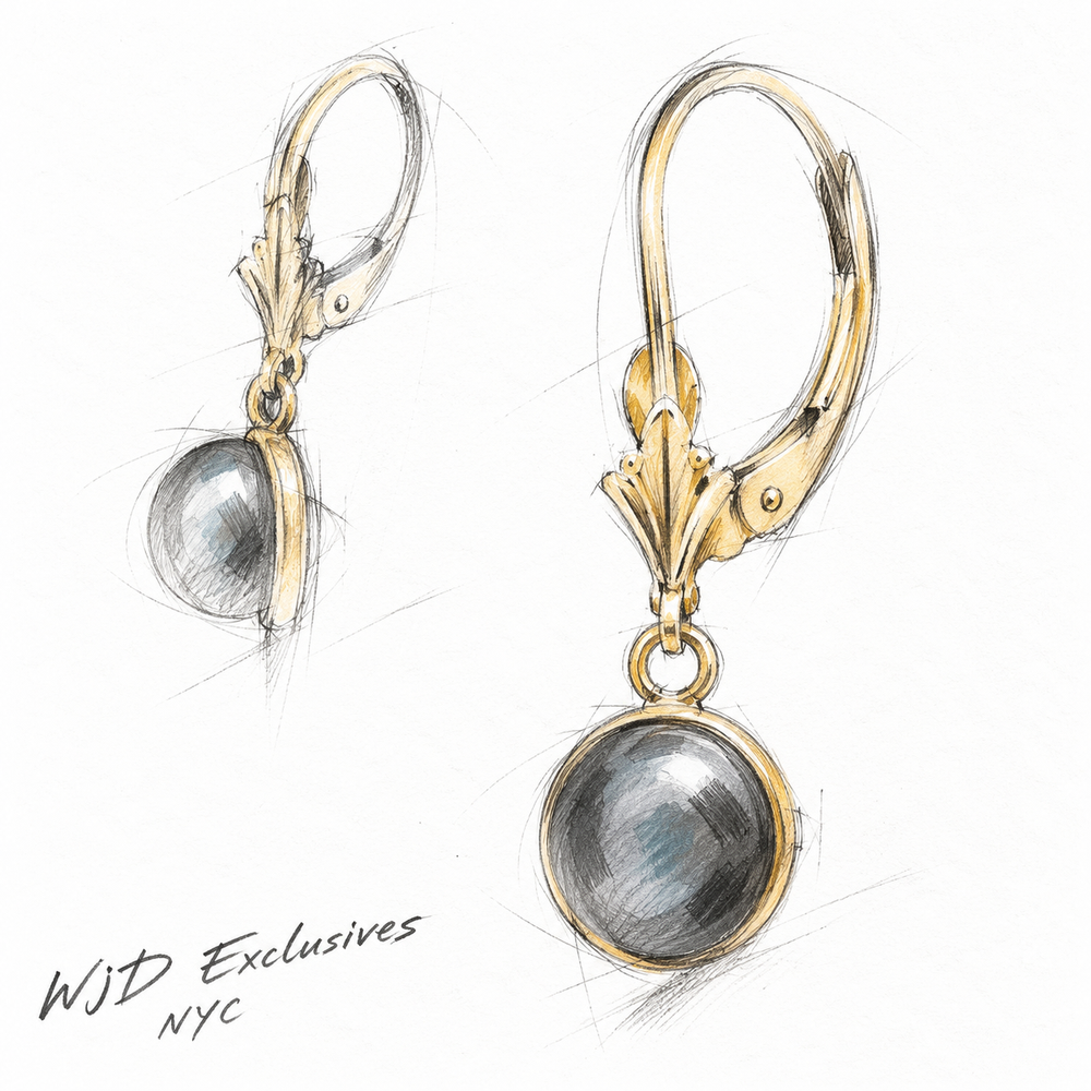 Design concept for black pearl drop earrings with 14K yellow gold rims and leverback closures.