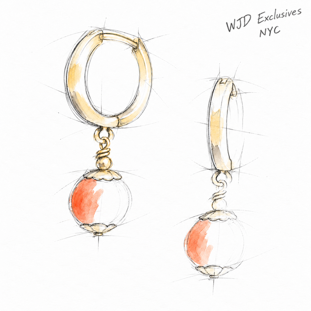 Design concept for yellow gold huggie earrings with round orange drops.