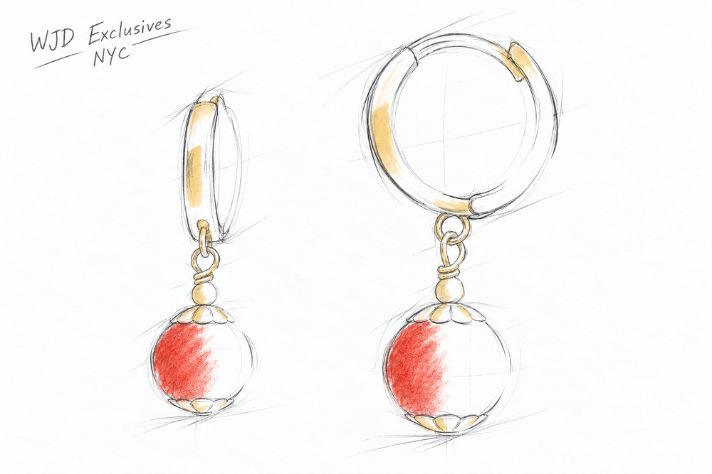 Design concept for yellow gold huggie earrings with round red drops.