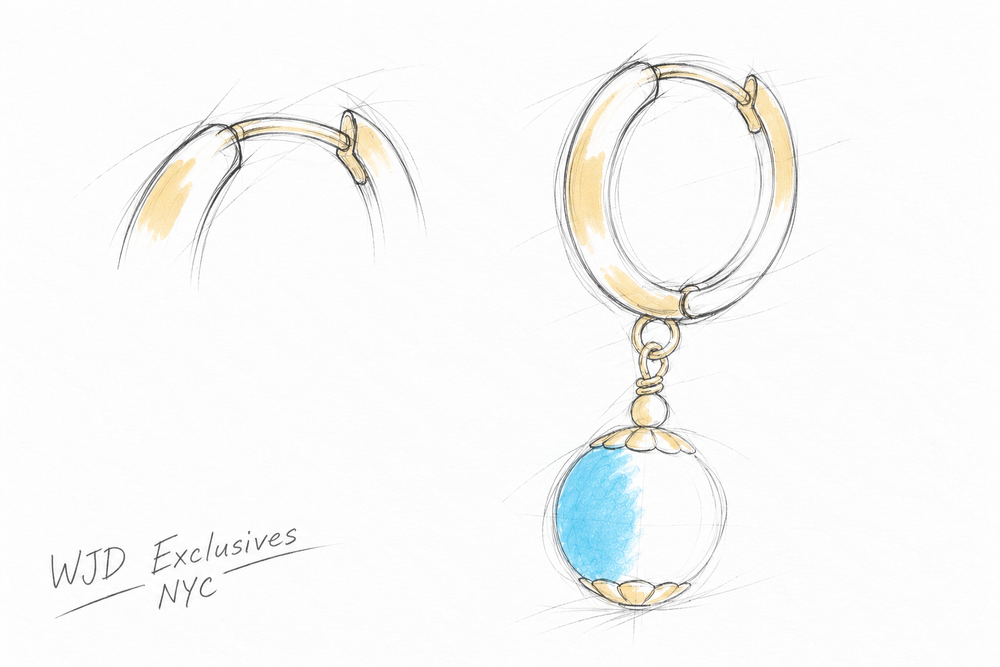 Design concept for a yellow gold huggie earring with a round turquoise drop.