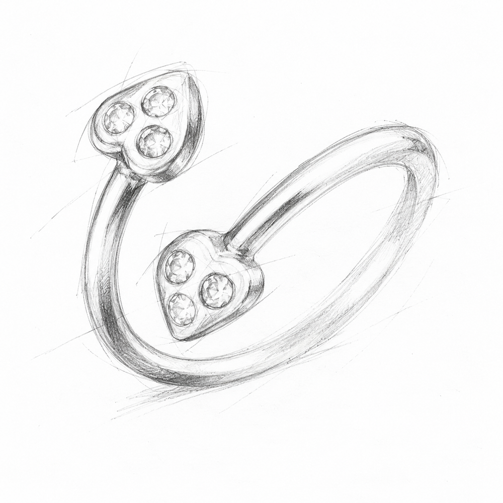 Design concept for a white gold open band with two heart terminals, each holding three round CZ stones