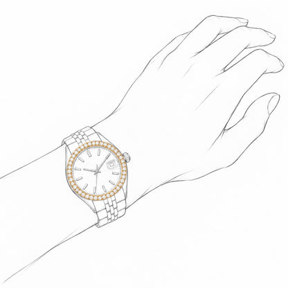 [lifestyle] Natural Diamond 10K Yellow Gold Bezel Rolex Datejust Watch 26mm 31mm 34mm 36mm shown in a fashion pencil sketch