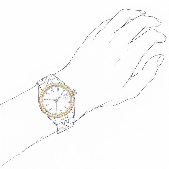 [lifestyle] Natural Diamond 10K Yellow Gold Bezel Rolex Datejust Watch 26mm 31mm 34mm 36mm shown in a fashion pencil sketch