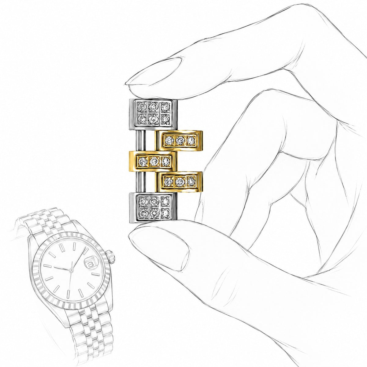 [lifestyle] Extra White 2-Tone Rose-Tone Link for Rolex Datejust Natural Diamond 36mm Watch shown in a fashion pencil sketch