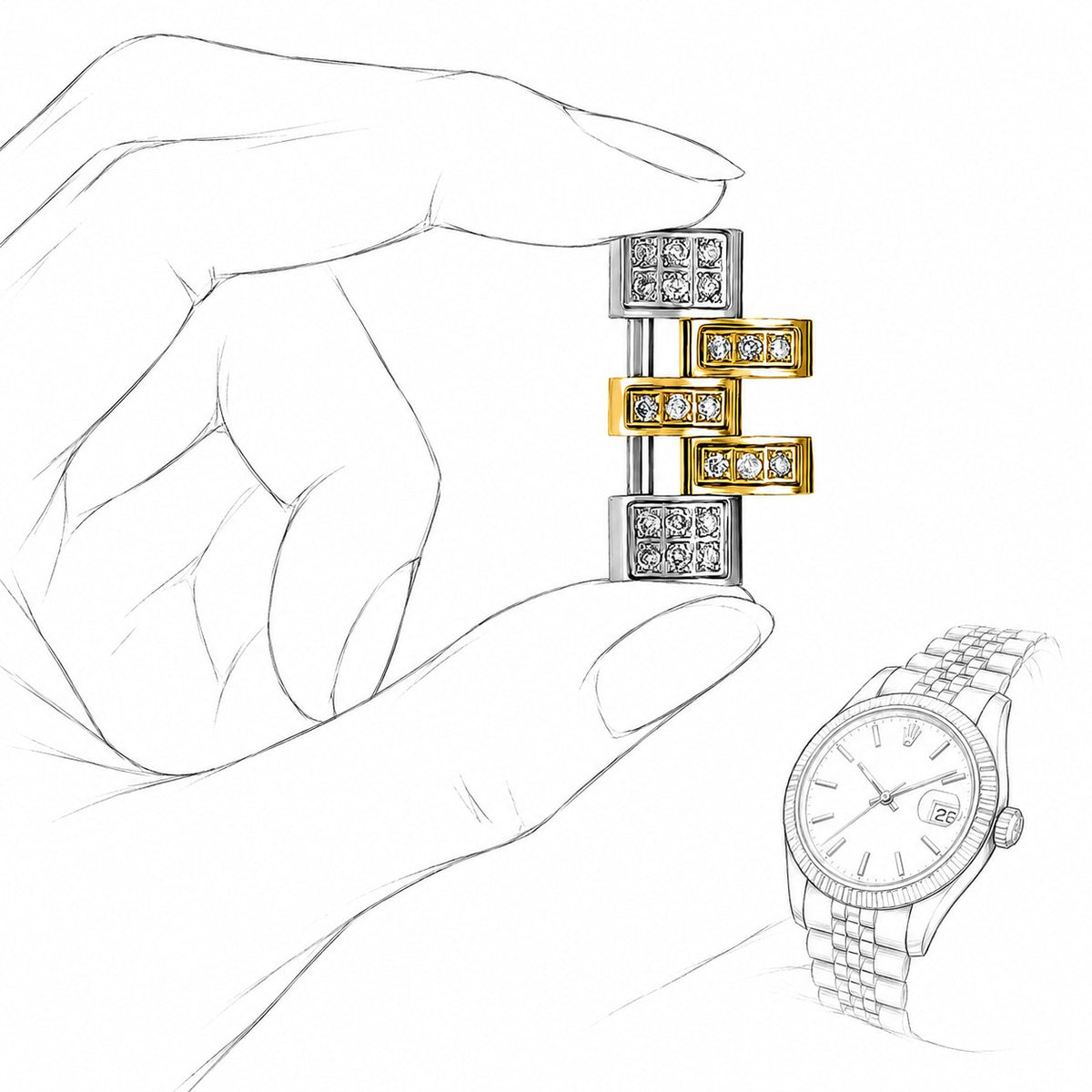[lifestyle] Extra White 2-Tone Rose-Tone Link for Rolex Datejust Natural Diamond 31mm Watch shown in a fashion pencil sketch
