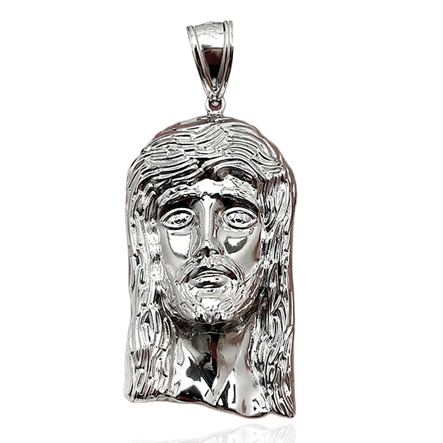 10K White Gold Diamond-Cut Jesus Head Religious Pendant 2.5"