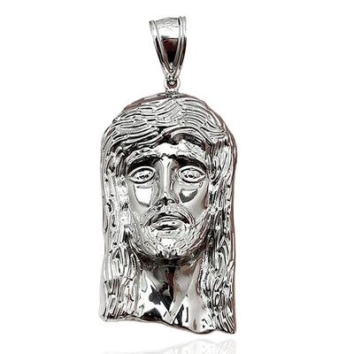 10K White Gold Diamond-Cut Jesus Head Religious Pendant 2.5"