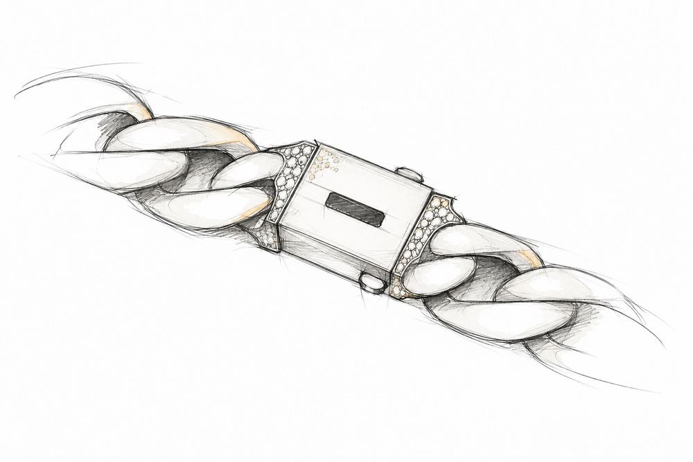 Loose design study of the Monaco chain’s links and box clasp, with light gold washes