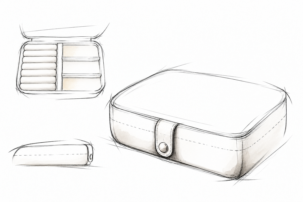 Loose design study of the jewelry case’s snap closure and compartments, with light gray and cream washes