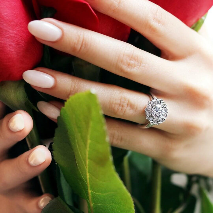 2.15CTW Natural Diamond & Moissanite Floral Halo 18K Gold White Engagement Ring