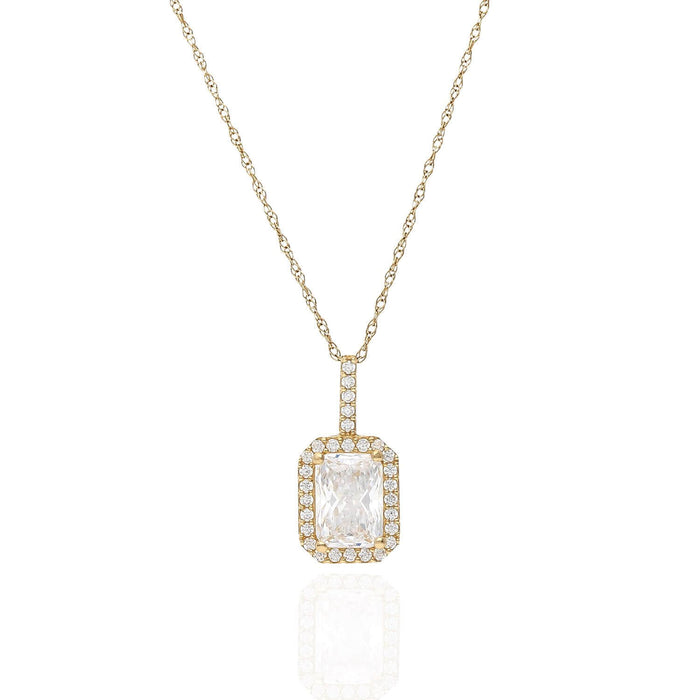 1.30CTW CZ 14K Gold Emerald-Cut Halo Pendant Necklace 18"