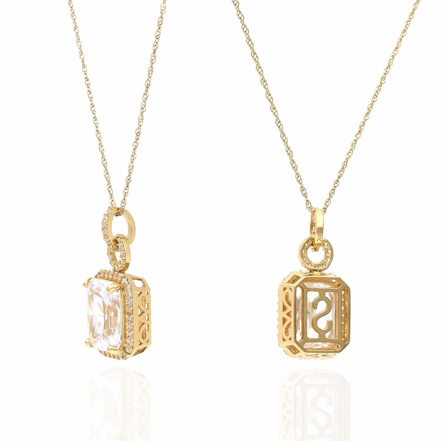 14K Gold 4.50CTW Emerald Cut CZ Halo Pendant Chain Necklace 18"