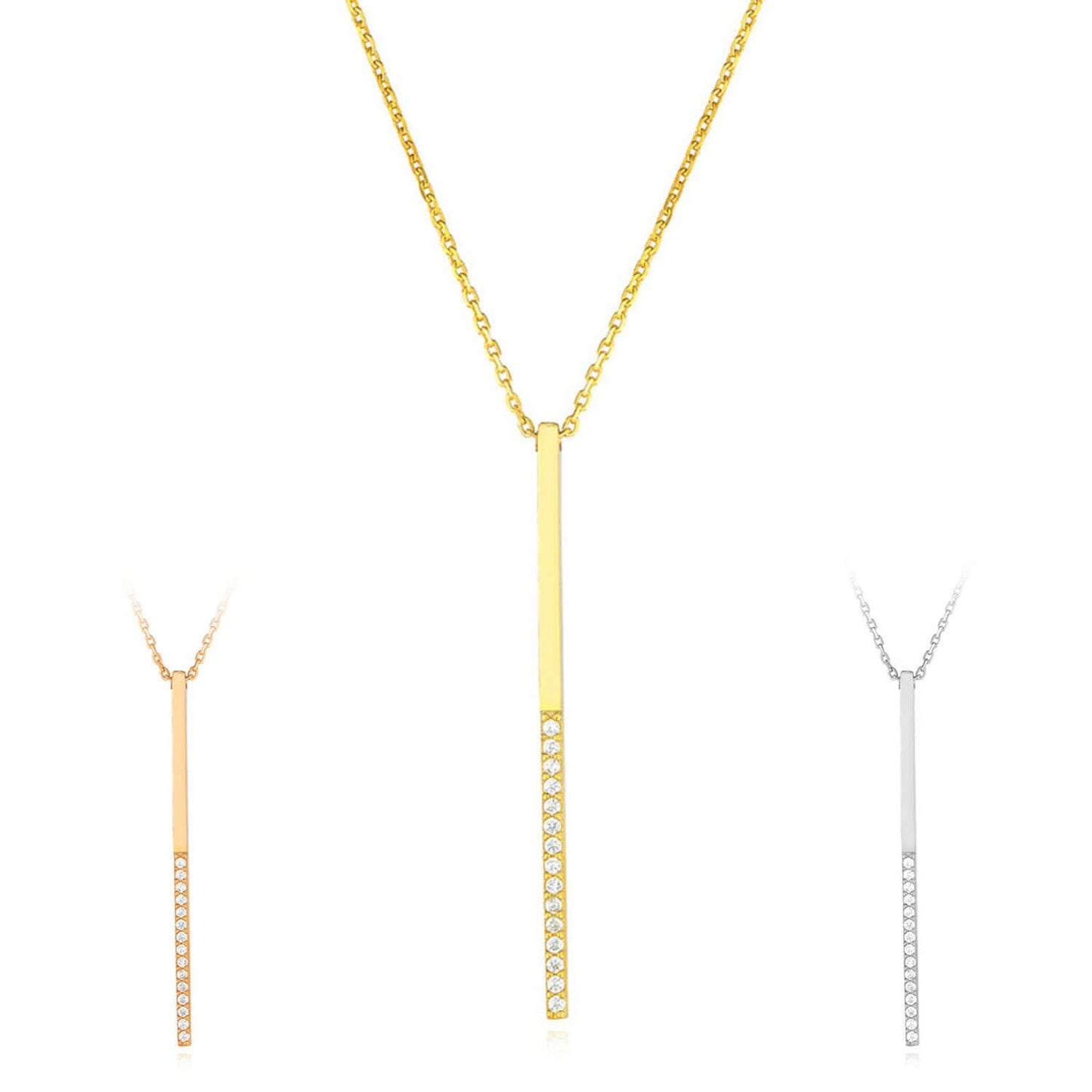 Yellow White Rose Gold Over Sterling Silver CZ Bar Lariat Necklace (Solid Links) 16" - 18" - WJD Exclusives
