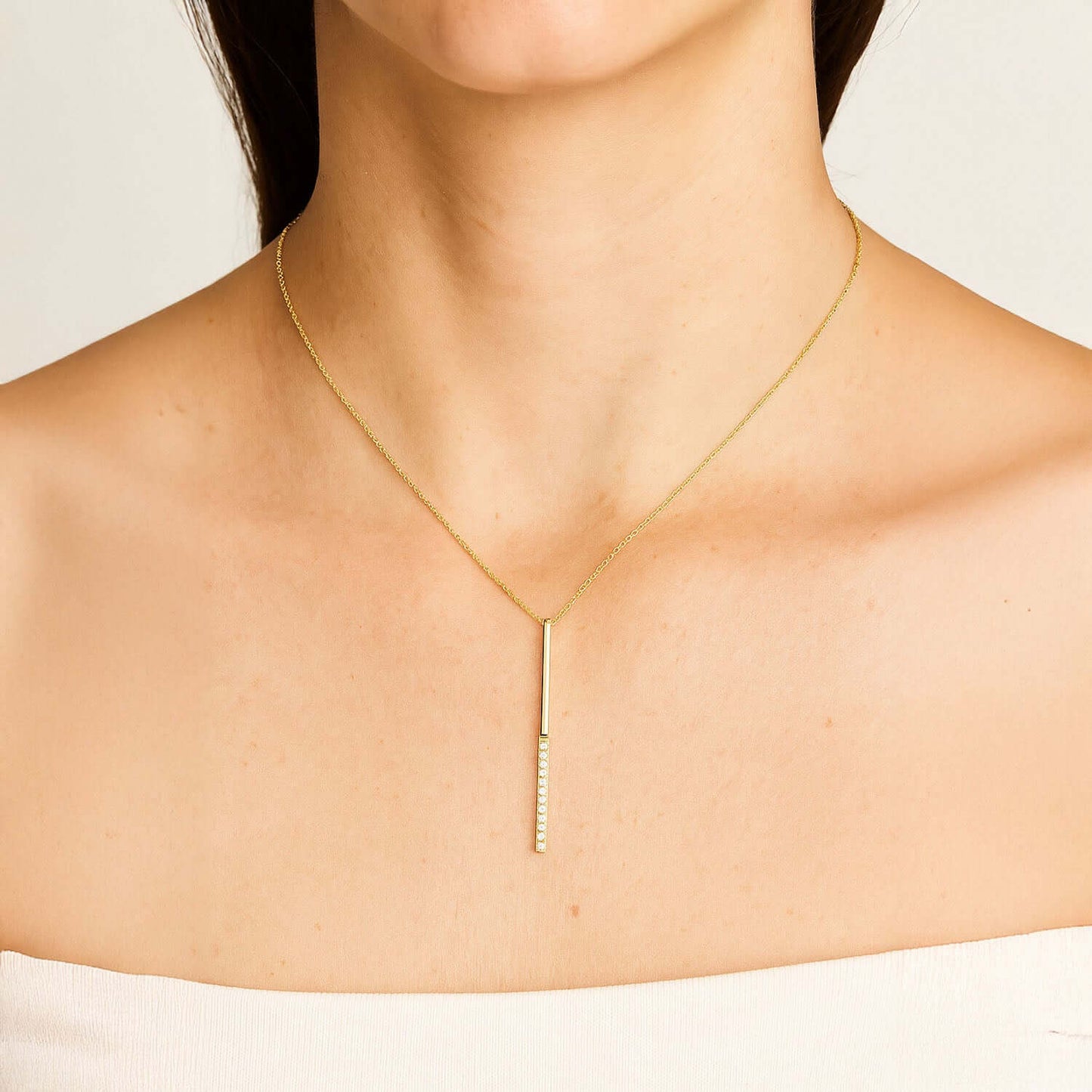 Yellow White Rose Gold Over Sterling Silver CZ Bar Lariat Necklace (Solid Links) 16" - 18" - WJD Exclusives