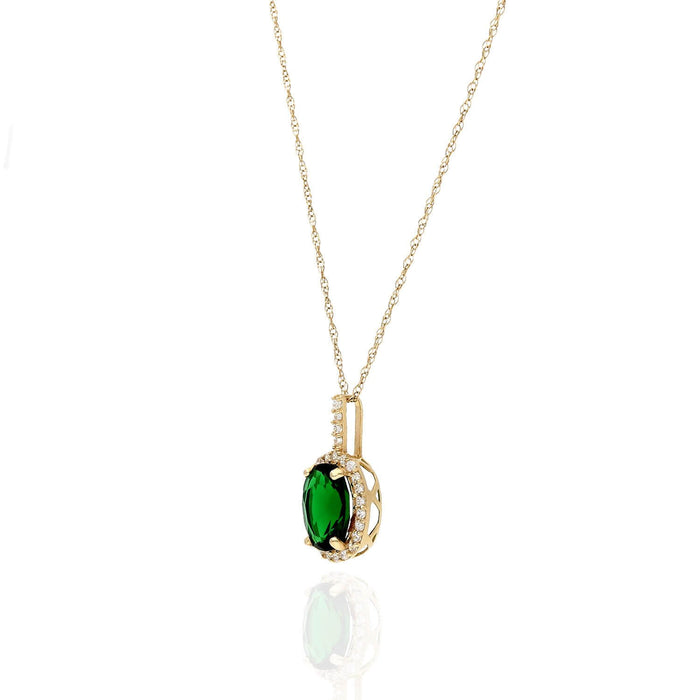 14K Gold 1.25CTW Simulated Emerald And Diamond Halo Oval Pendant