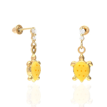 Kid's 14K Gold CZ Enamel Turtle Screw Back  Stud Earrings