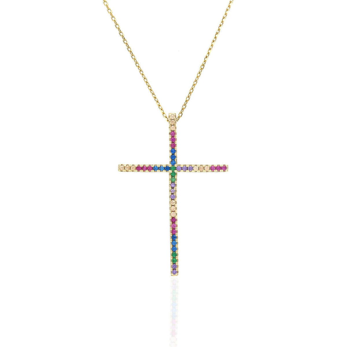 Yellow White Gold Over 925 Silver Multicolor Rainbow Gemstone Cross Pendant