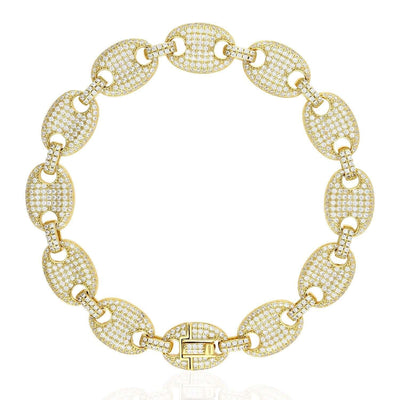 Gold Over Sterling Silver Pave Zirconia 12mm Puffed Mariner Anchor Bracelet (Hollow)