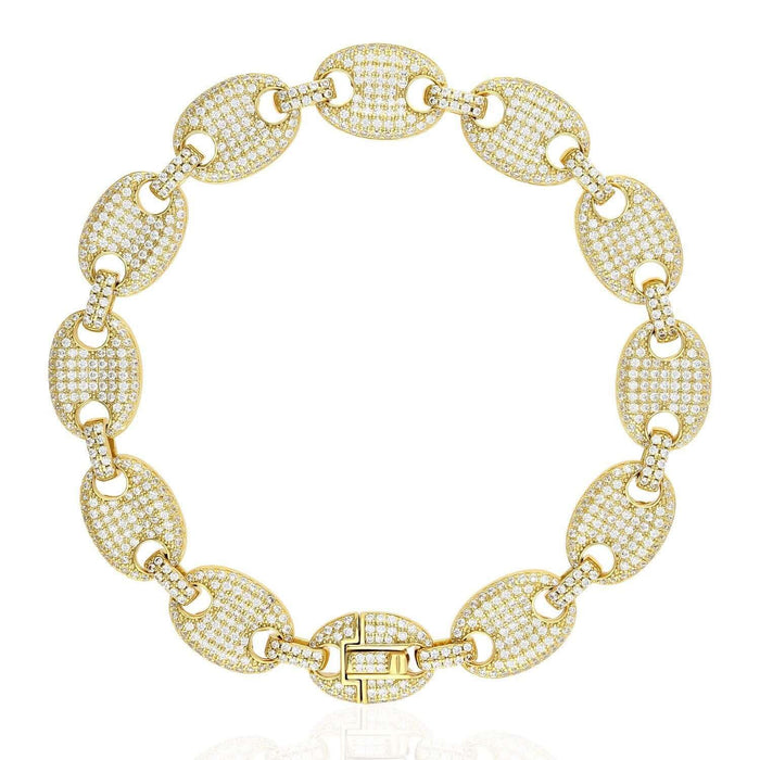 Gold Over Sterling Silver Pave Zirconia 12mm Puffed Mariner Anchor Bracelet (Hollow)