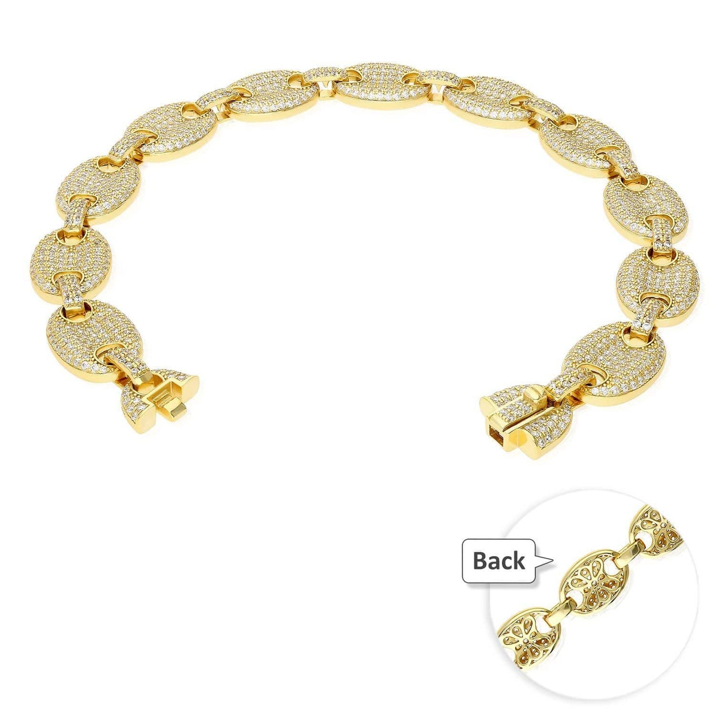 Gold Over 925 Silver Pave Zirconia 12mm Puffed Mariner Anchor  Bracelet