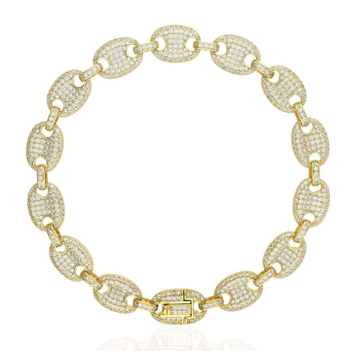 Gold Over Silver CZ 10mm Puffed Mariner Anchor Bracelet (Hollow) 8"-9"