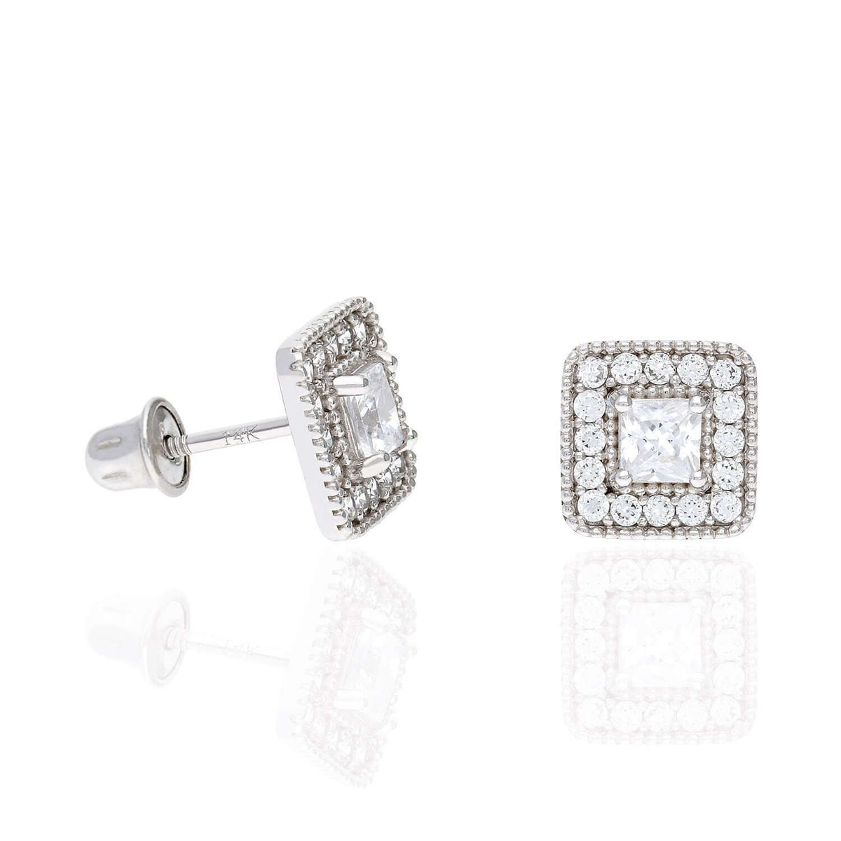 14K White Gold Square Color Gemstone Screw Back Halo Stud Earrings