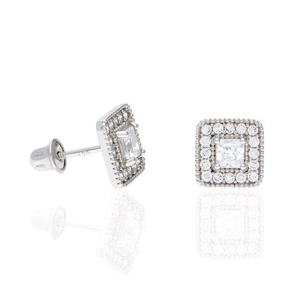 14K White Gold Square Color Gemstone Screw Back Halo Stud Earrings