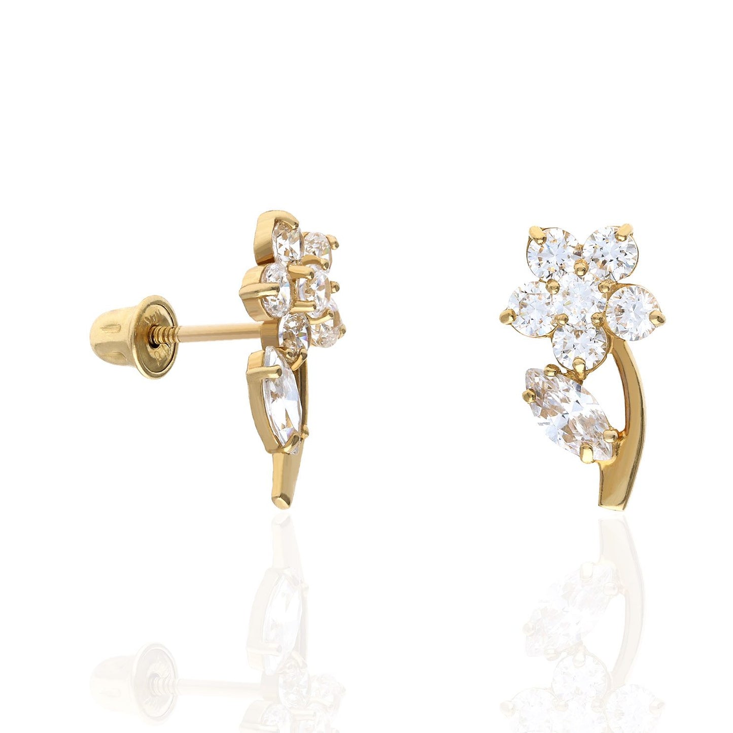 14K Yellow Gold Birthstone Flower Plant Screw Back Stud Earrings