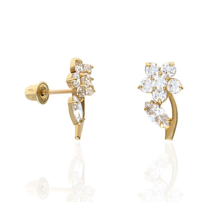 14K Yellow Gold Birthstone Flower Plant Screw Back Stud Earrings