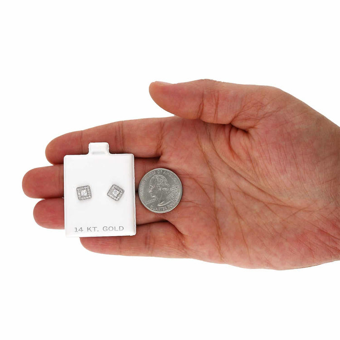 14K White Gold Square Color Gemstone Screw Back Halo Stud Earrings