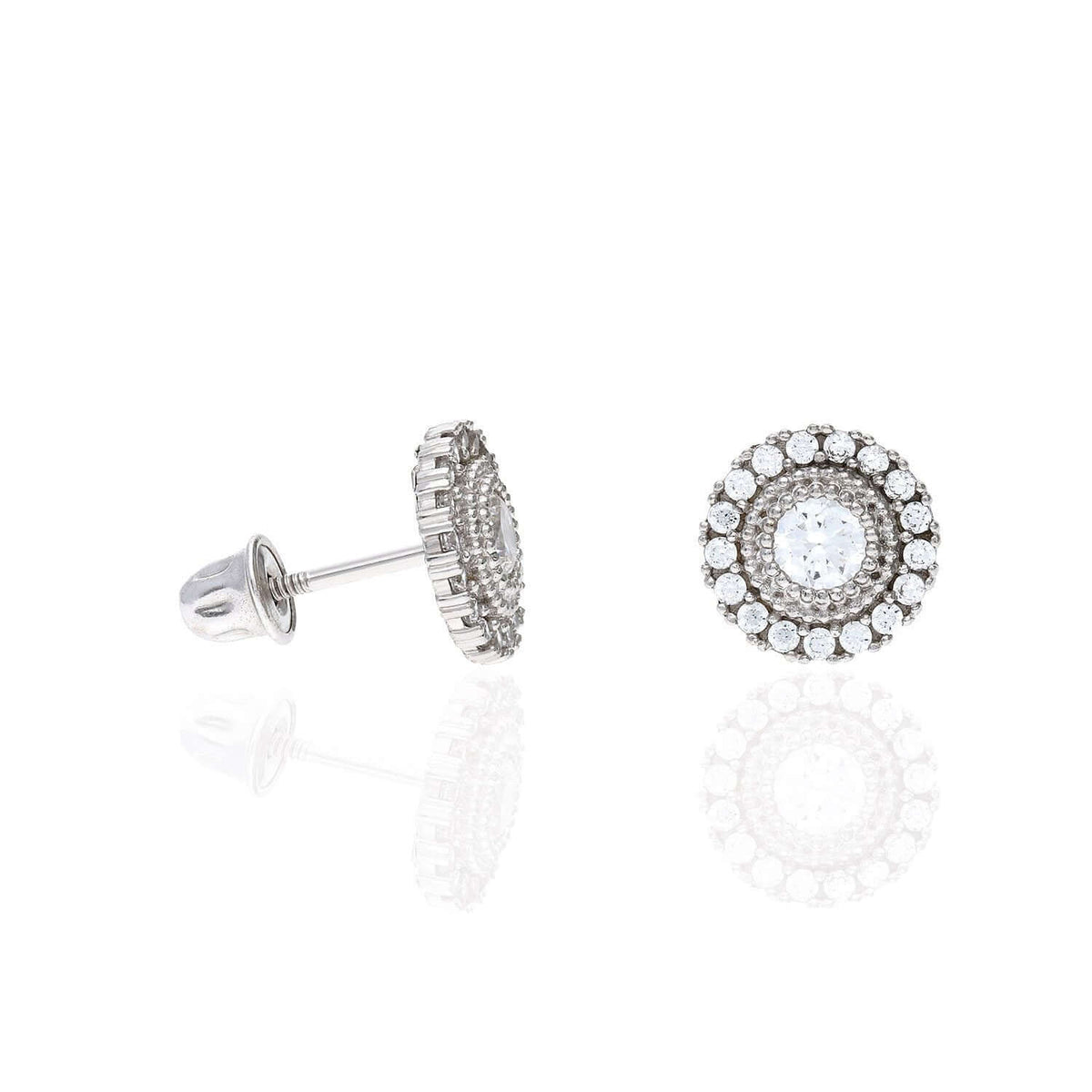 14K White Gold Color Gemstone Round Halo Fancy Birthstone Screw Stud Earrings