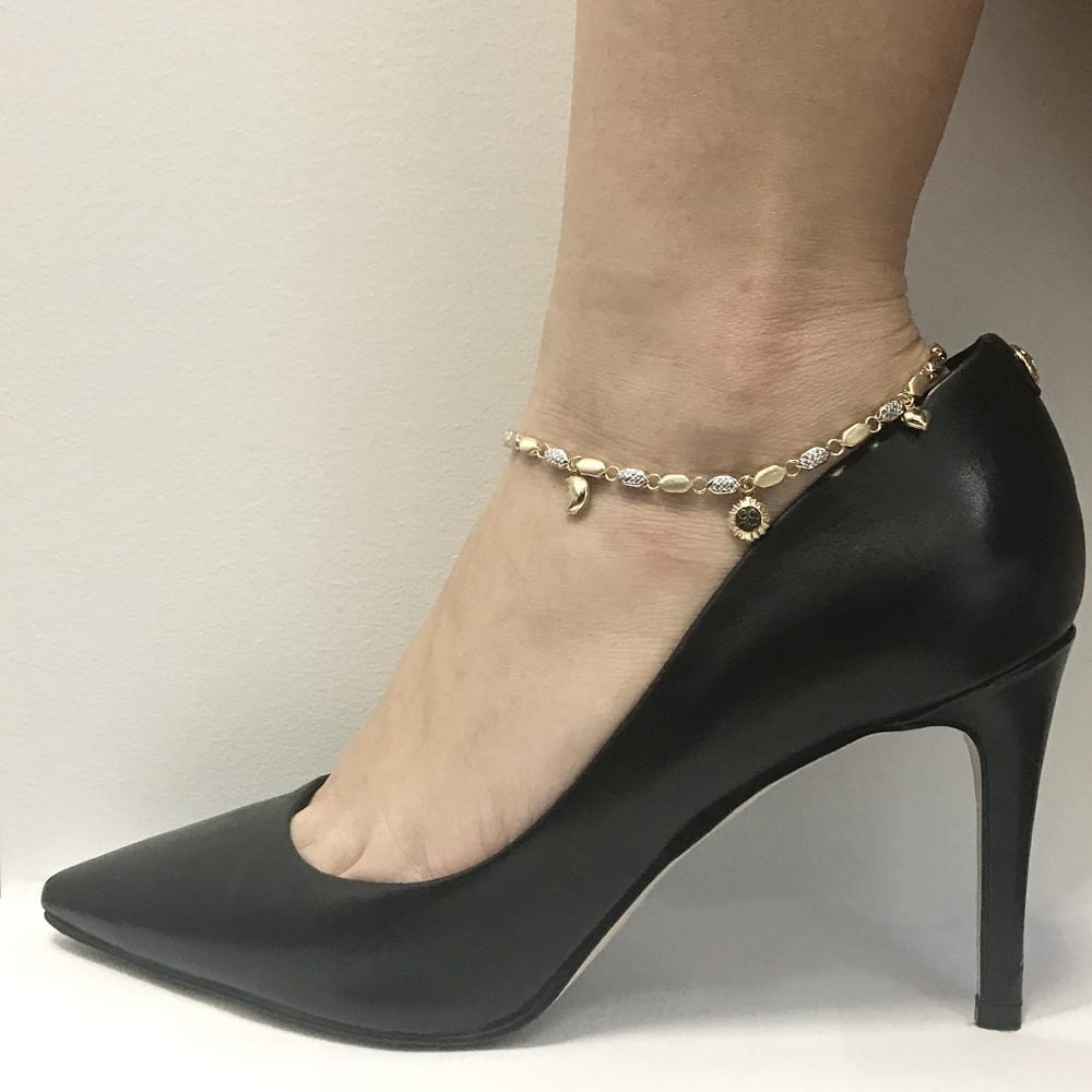 14k Yellow Gold White Gold Two Tone Anklet Dangle Charm Ankle Bracelet 10″ Wjd Exclusives