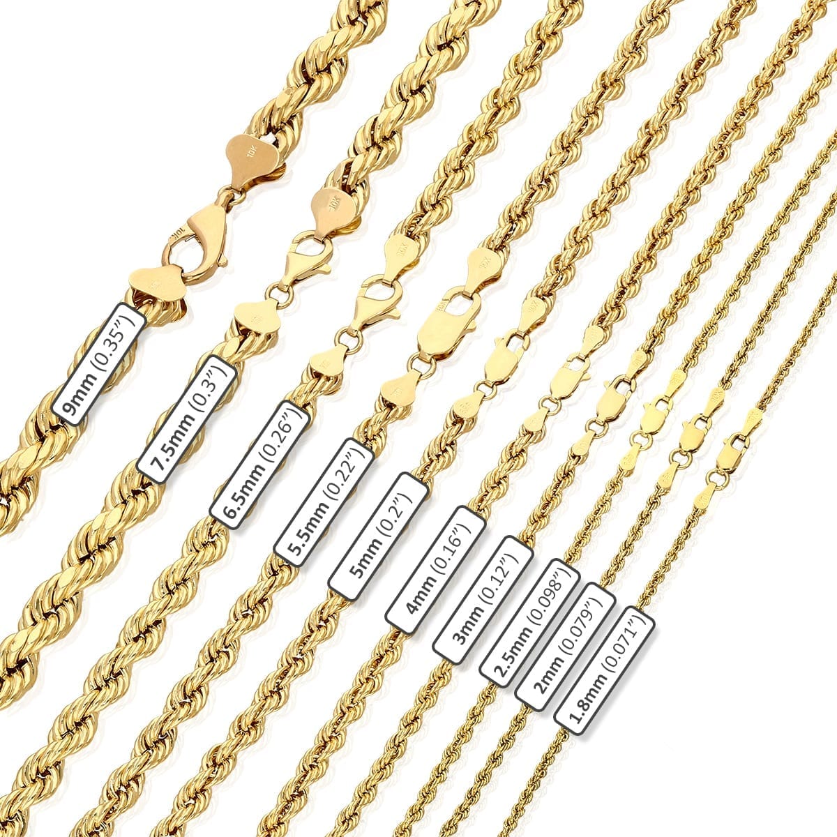 10K Yellow Gold 1.8mm-9mm Hollow Rope 