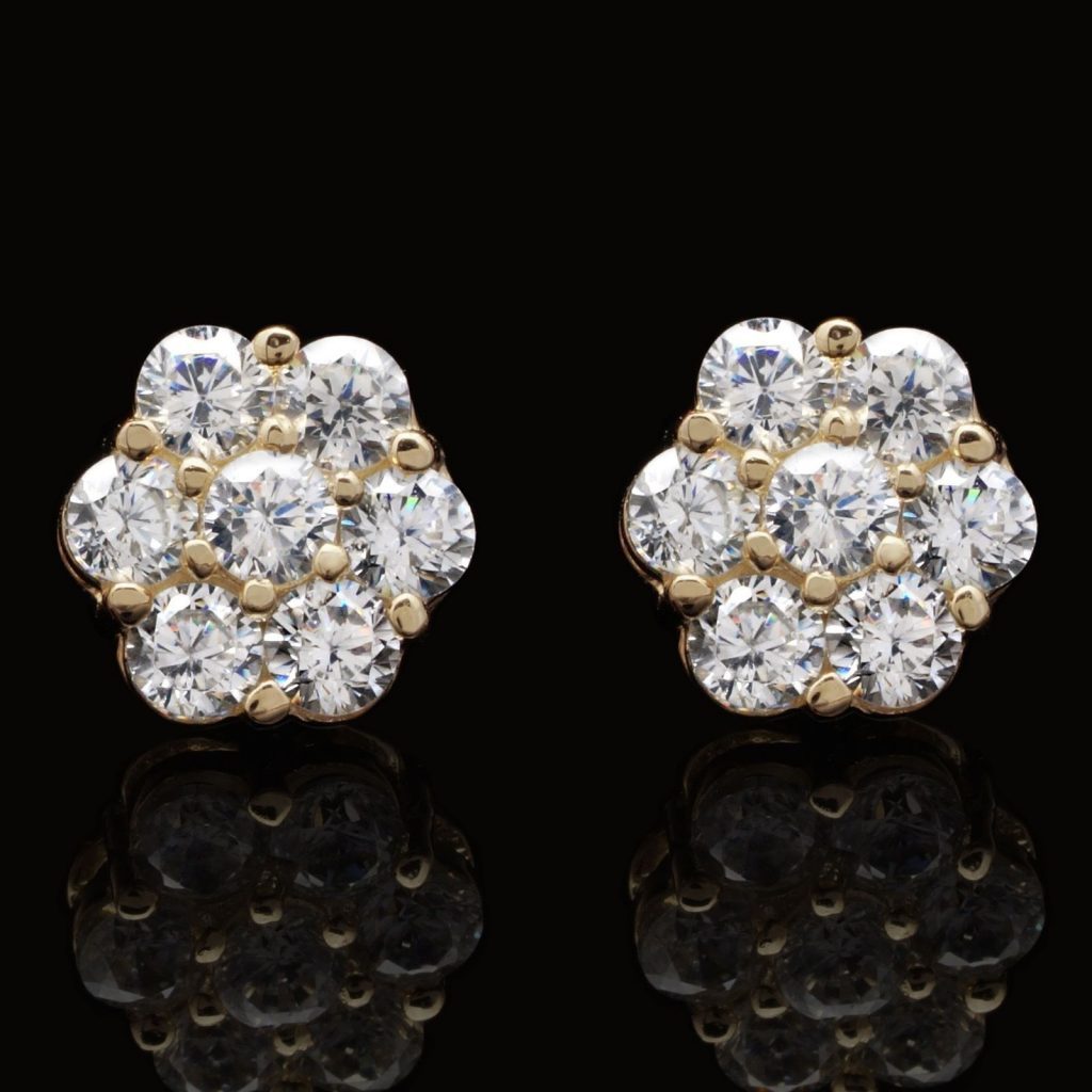 1.50Ct Round Simulated Diamond 14K Yellow Gold Flower Cluster Stud ...